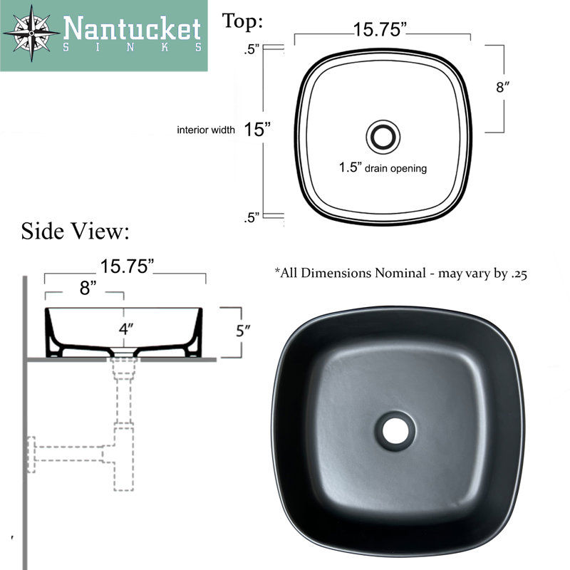 Regatta Poured Square Vessel Bathroom Sink, Matte Black
