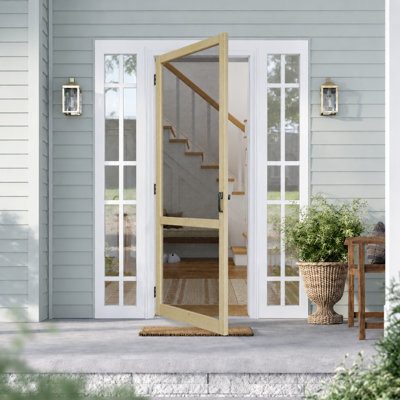 Porte moustiquaire extérieure en bois de pin à charnière à fermeture en douceur 32 po x 80 po (à peindre), résistante aux insectes, adaptée aux enfants et aux animaux de compagnie, avec poignée de porte moustiquaire