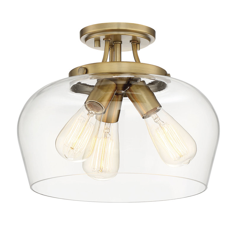 Breena 13" W 3-Light Dimmable Semi-Flush Mount, Warm Brass, Clear