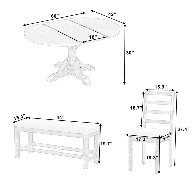 6-Piece Extendable Dining Table Set With Removable Leaf, One Bench And 4 Dining Chairs