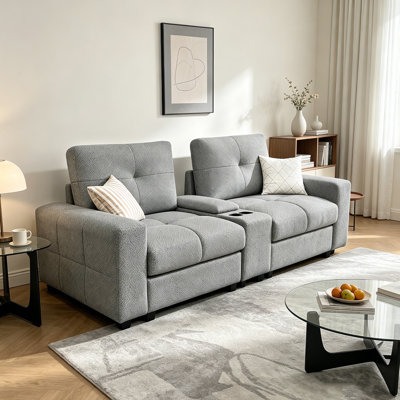 89.76 inch 2 seater Upholstered Sofa with Center Console and Cup Holders, Modern Living Room Couch, Light Grey