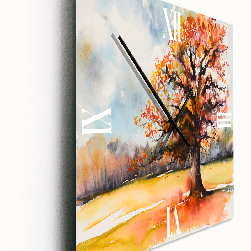 Horloge murale traditionnelle Lone Oak In The Fields avec feuilles d'automne, Très grand
