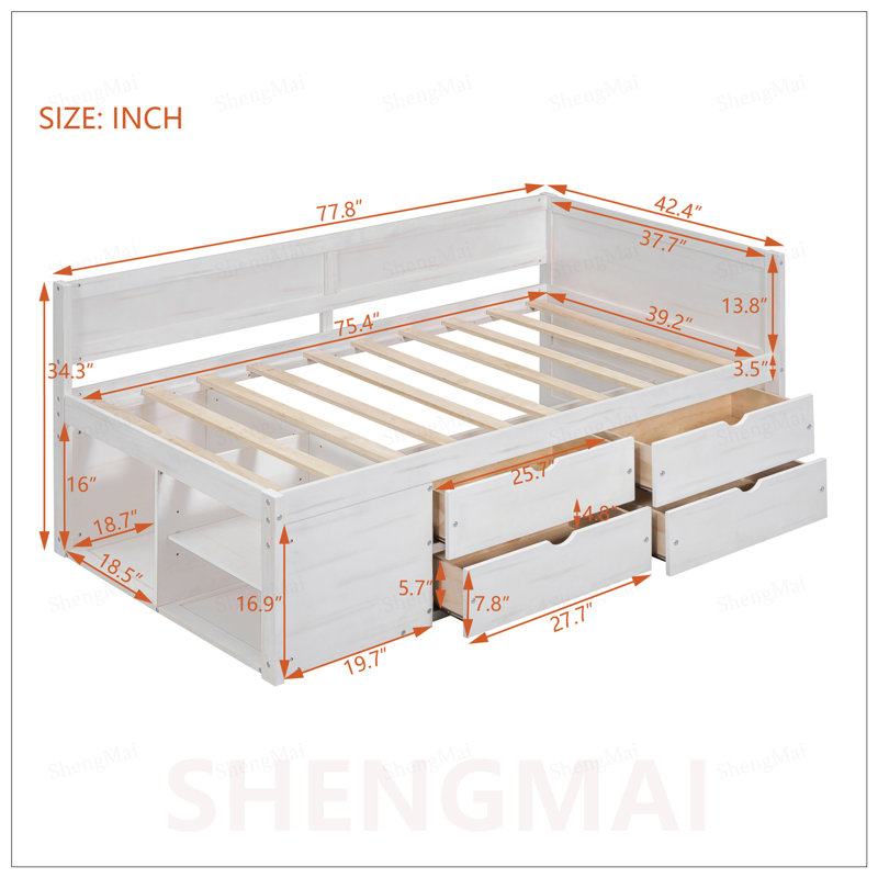 Lit de jour simple avec tiroirs et tablettes spacieux, pour une vie moderne et peu encombrante., Twin, White