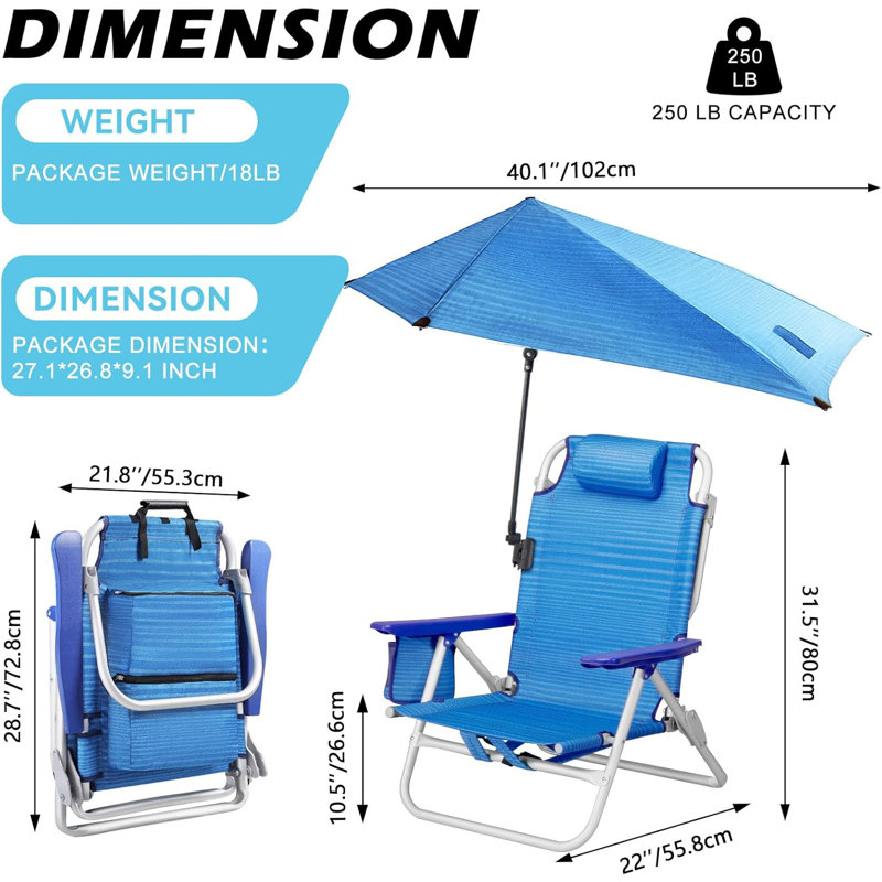 Beach Chair, Backpack Chairs For Adults With Adjustable Umbrella， Adjustable Lounge Chair For Seaside, Dark Blue, 1