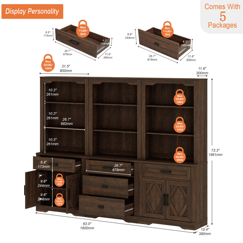Modern Farmhosue 3-Column Bookcase Set With Adjustable Shelves,73" H Tall Wood Bookshelves With Storage Cabinet And Drawers,Dark Brown