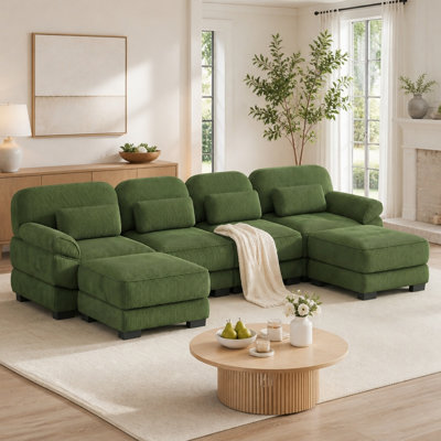 Canapé modulaire en forme de U Cloud Couch, canapé 4 places avec 2 repose-pieds, coussins de siège confortables et épais, tissu en velours côtelé respirant, vert olive pour le salon