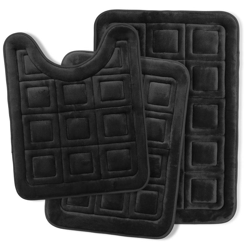 Ensemble de 3 tapis de bain gaufrés en mousse viscoélastique absorbante ultra douce, Noir