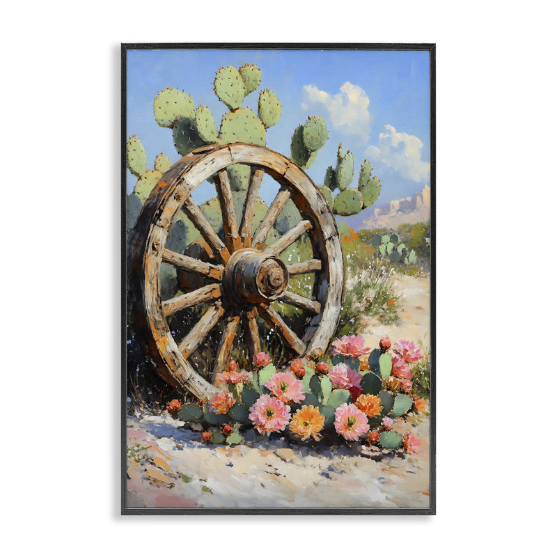 Roue de chariot parmi des cactus, estampe numérique, design par Franklyn Gregory, 24x16, Giclée noire de minuit encadrée