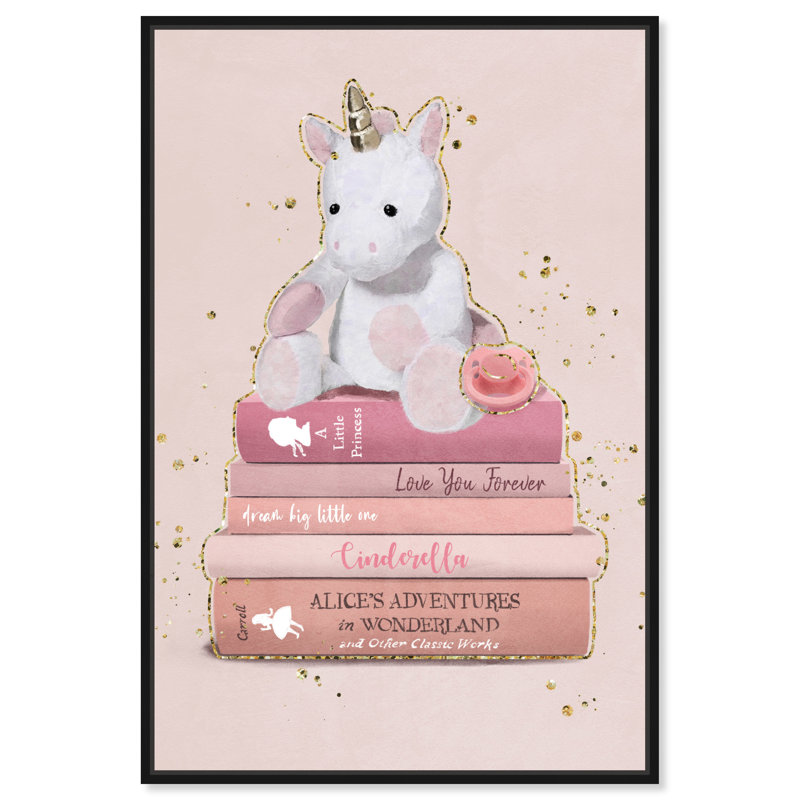 Fantaisie et science-fiction licorne en peluche et livres, rose glamour - impression sur toile, H 54 po x l 36 po