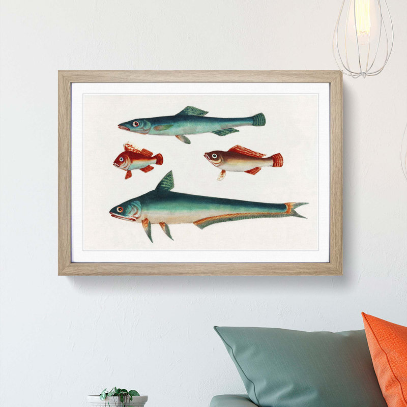 Two Brown and Green Fish - Picture Frame Painting Print, 27cm H x 36cm W x 2cm D, Oak Framed