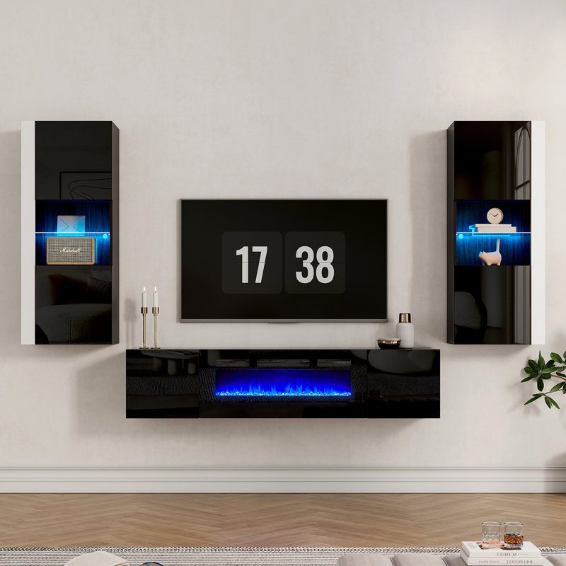 Bhhatu Floating Highgloss Entertainment Center with Electric Fireplace and 2 Bookcases, 108", Black