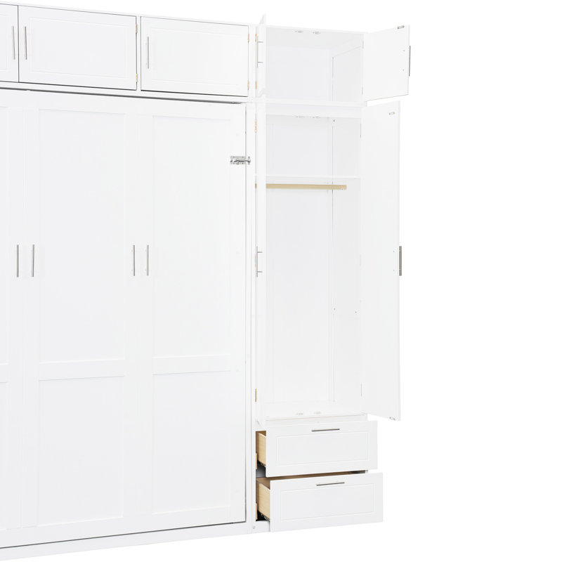 Grand lit mural peu encombrant, avec trois armoires suspendues, une armoire latérale et un lit confortable pour dormir en blanc, tiroirs de rangement, support de matelas