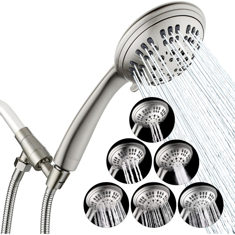 Pomme de douche réglable en nickel brossé avec 6 réglages de jet et fixation en laiton massif