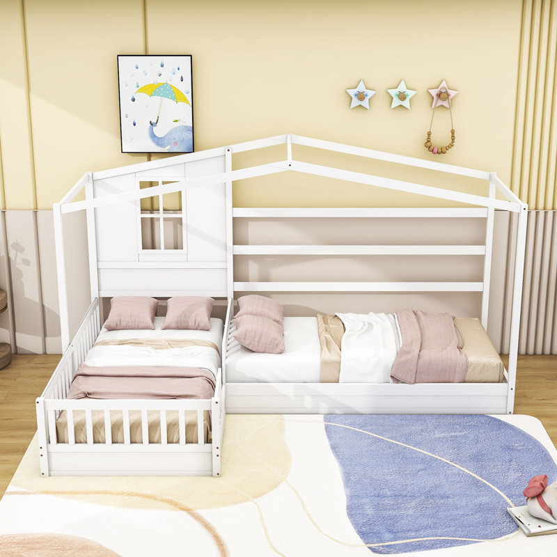  Twin Wood House Bed with Fence and Slatted Frame, White