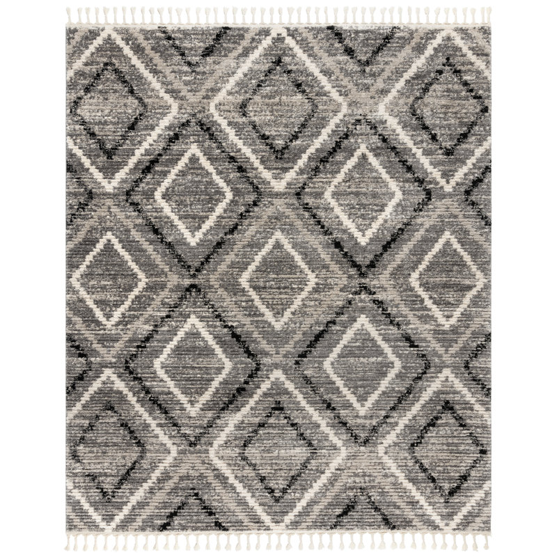  Rafe Hurley Geometric Diamond Grey/ Black/ Ivory Polyester Microfiber Plush Area Rug, Rectangle 5'3" x 7'