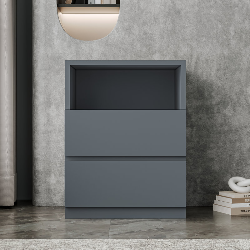 2 Drawers Cabinet Gray Freestanding Storage Cabinet, Modern Floor Multifunctional Corner Unit Nightstands with Open Shelf for Living Room, Bed Room