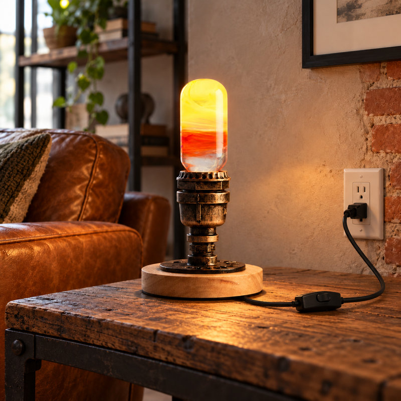 Lampe de table en résine ambre et rouge avec base en bois