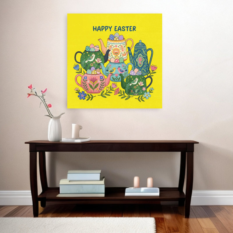 Joyeuses Pâques, théières, oiseau fantaisiste coloré, printemps, impression murale, 36" H x 36" W