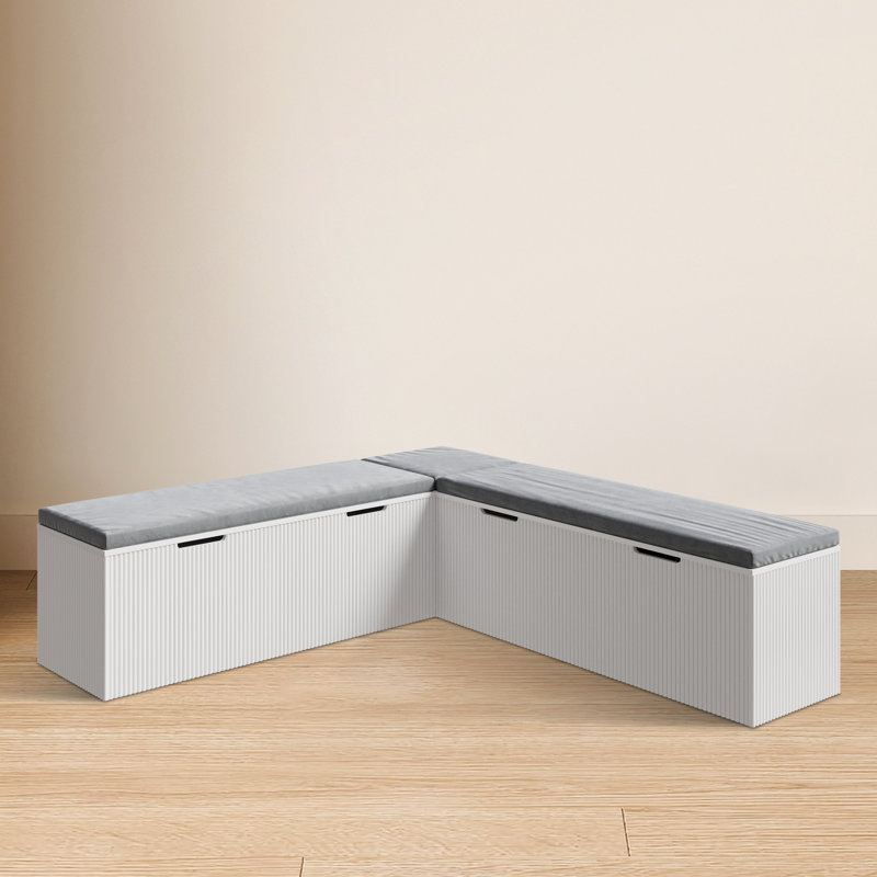 L-shape Storage Bench With Cushioned Seating, For Dining Room, Kitchen, Entryway, White