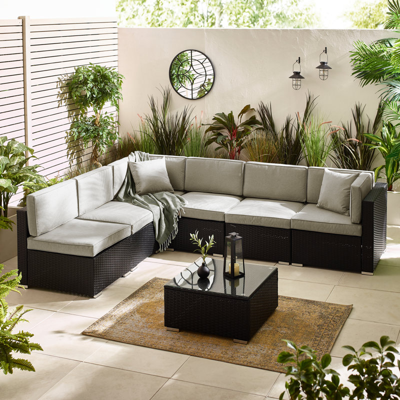 Miacomet Modular PE Rattan Garden Sofa Set and Table for Modern Gardens and Patios (Cover Included), Grey Cushion/Black Frame