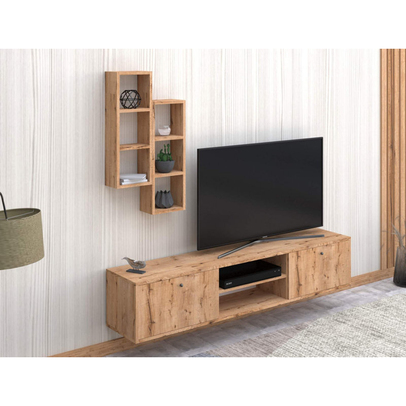 Modern TV Unit in Sapphire Oak, 70.9 x 13.8 x 13.8 inches | 100% Melamine Coated Particle Board, Thickness: 0.7 inches | Features Numerous Shelves, Wall-Mountable Design for Elegant Home Entertainment Spaces