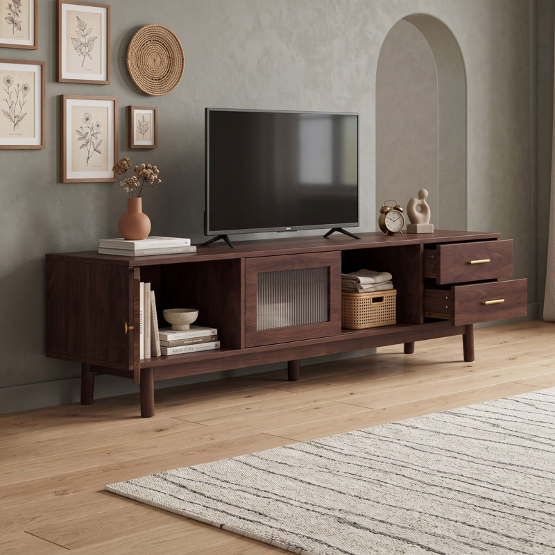 Meuble télé de style moderne du milieu du siècle avec portes coulissantes et 2 tiroirs, armoire