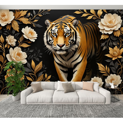 Papier peint adhésif peler et coller, motif floral noir, or, blanc, jaune, fleurs murales, H 100 po x l 144 po, papier peint amovible en PVC, adhésif mural pour chambre à coucher, bureau à domicile
