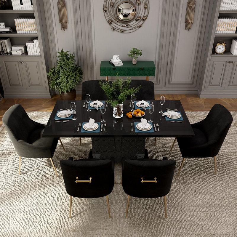 Magallanes 6-Person Extendable Table Dining Set with Velvet Dining Chair, Black, Black