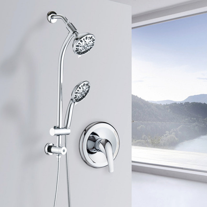 Drill-Free Slide Bar Combo Rain Showerhead 7-Setting Hand, Dual Shower Head Spa System (Rough-In Valve Included), Chrome