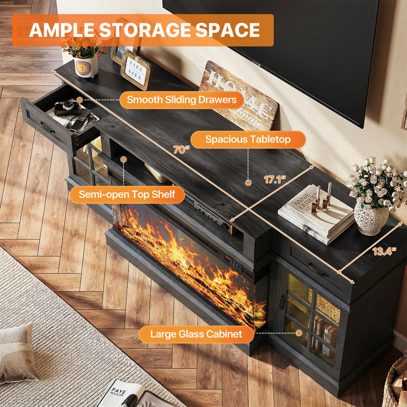 Farmhouse TV Stand With 36" Electric Fireplace for TVs up to 80"/90", 2 Drawers and Adjustable Shelf Entertainment Center