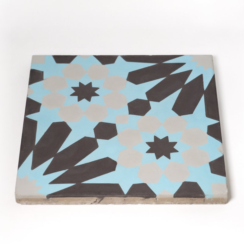 Agdal 8" x 8" Cement Patterned Wall & Floor Tile, Blue/Gray/Black