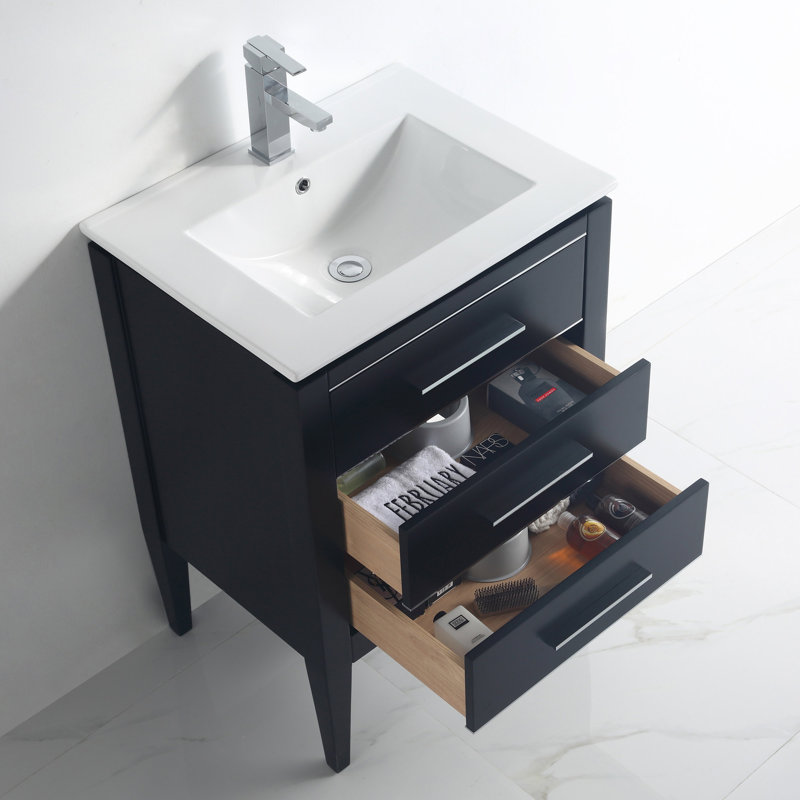 Stewie 24'' Single Bathroom Vanity with White Ceramic Top – Soft Close Drawers & Freestanding Design, Black /Silver