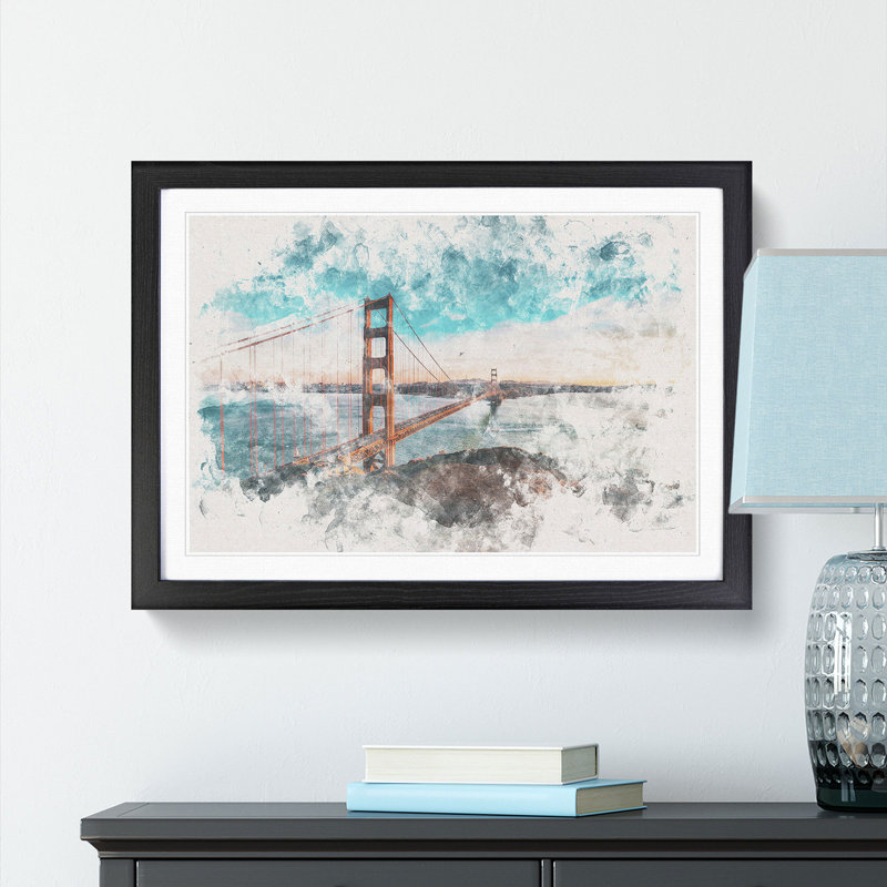 The Golden Gate Bridge in San Francisco Bay Watercolour - Picture Frame Graphic Art Print, Black Framed