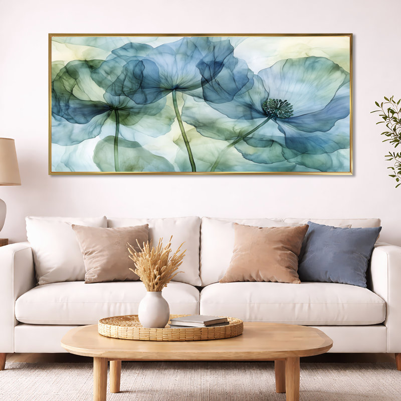 Art mural de fenêtre printanière, toile florale de jardin, vue de fenêtre printanière, H 28 po x l 60 po, Cadre flottant doré