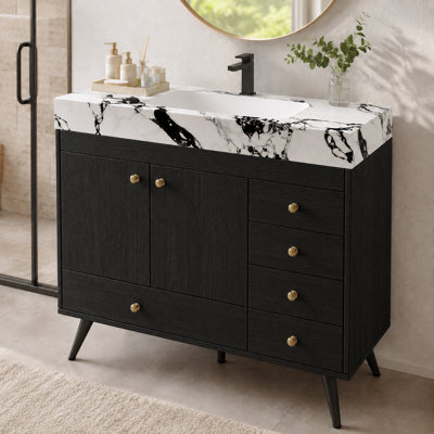 36" Freestanding Bathroom Vanity with Sintered Stone Top, Ceramic Sink, 5 Drawers & Double-Door Cabinet