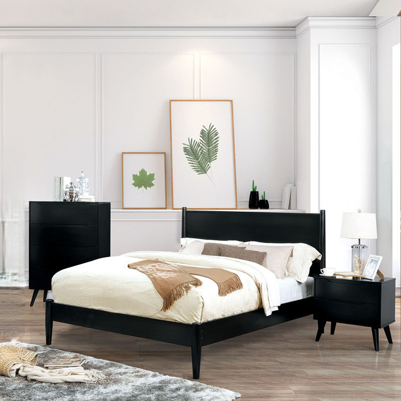 Ensemble de 3 pièces en bois comprenant un lit, une table de chevet et une commode, style plateforme moderne du milieu du siècle.
