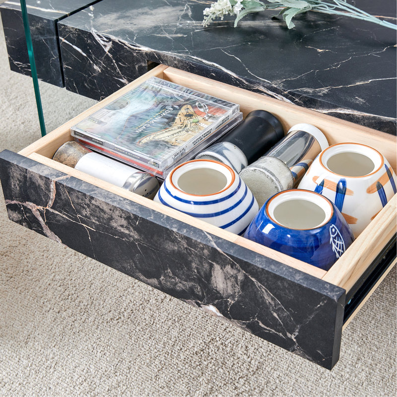 Table basse en verre transparent et marbre noir aux dimensions bien conçues, table moderne, 43,3 pouces, aspect trempé, rangement de tiroir, convient à la maison et au bureau