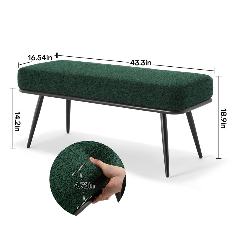 Banc rembourré moderne de 43,3 po avec structure en métal et tissu en peluche, Vert