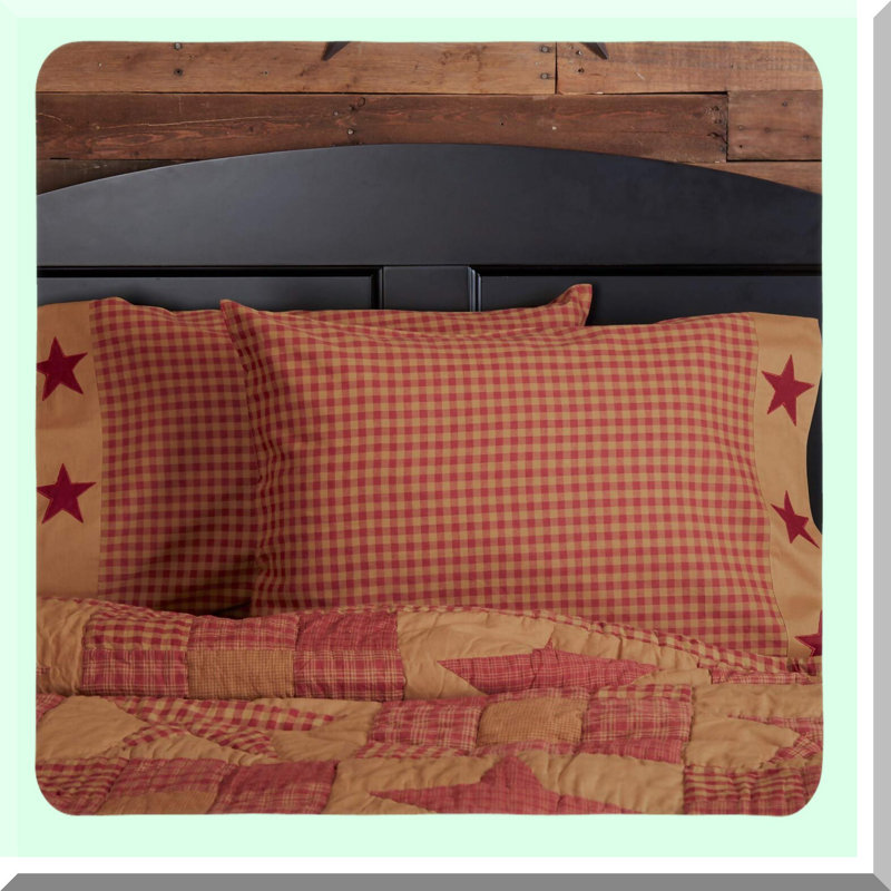 Star Applique Border Pillowcase Set - Red (21x30) - Pack of 2 - Ninepatch Design - Standard Size - Decorative Bedding - Bedroom Accessories