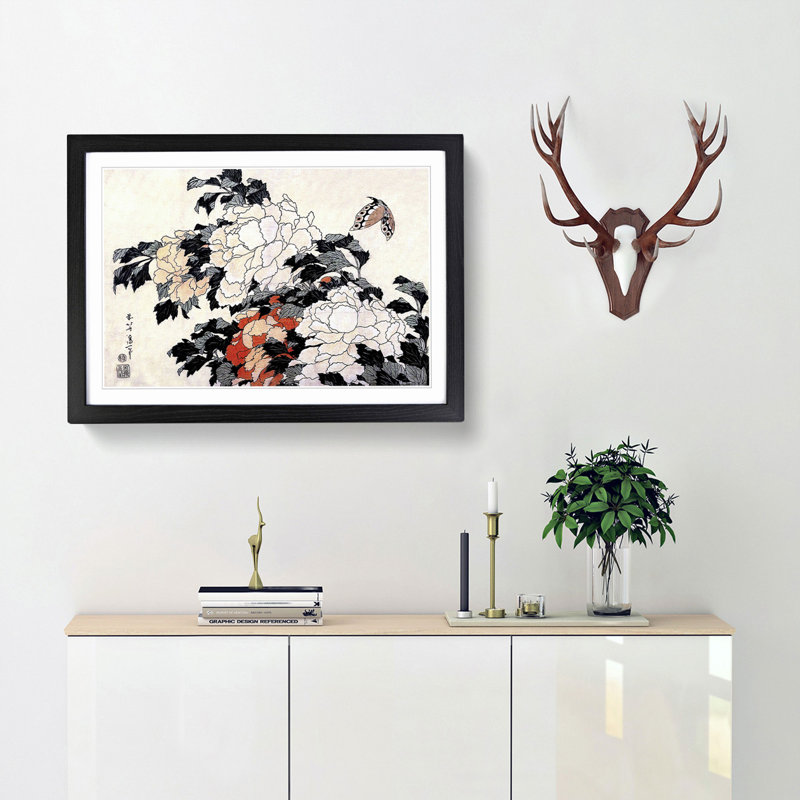 Peonies & Butterfly by Katsushika Hokusai - Picture Frame Painting Print, 27cm H x 36cm W x 2cm D, Black Framed