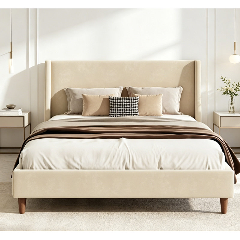Modern Beige Velvet Upholstered Platform Bed with Wingback Headboard and  Wooden Legs, No Box Spring Needed, Queen Size