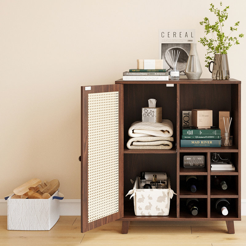 Buffet de 34 po, à panneaux, 1 tablette fermée, 2 tablettes ouvertes, 6 bouteilles de vin, espace de rangement pour bar spacieux, espace, plateau de table
