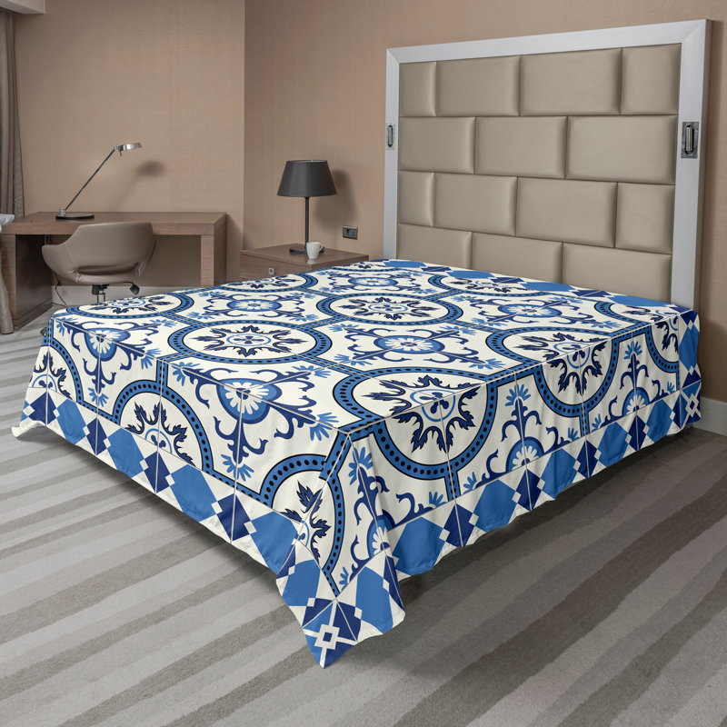 Ambesonne Retro Top Flat Sheet Moroccan Mosaic Grey Blue, King Flat Sheet