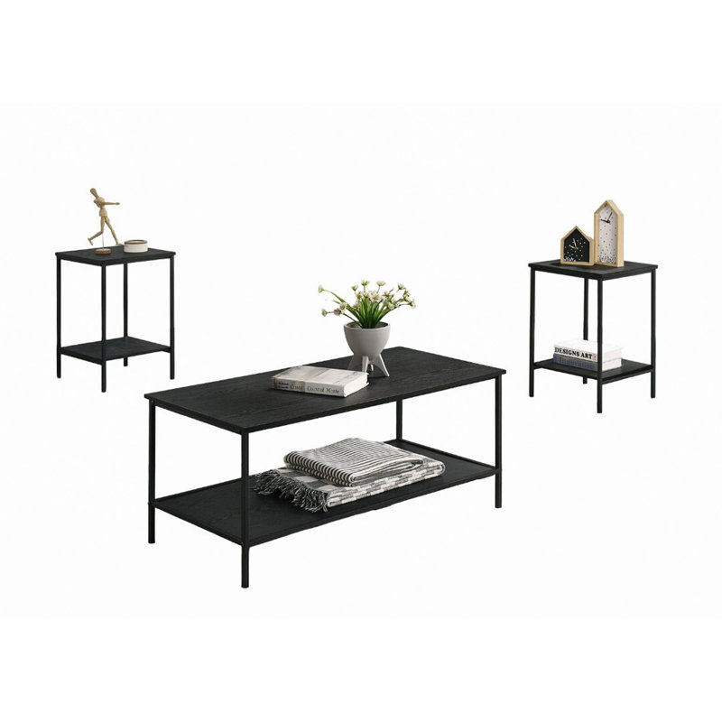 Ensemble de table 3 pièces 1 table basse 1 table de bout 2 x style minimaliste à deux niveaux de rangement, Noir