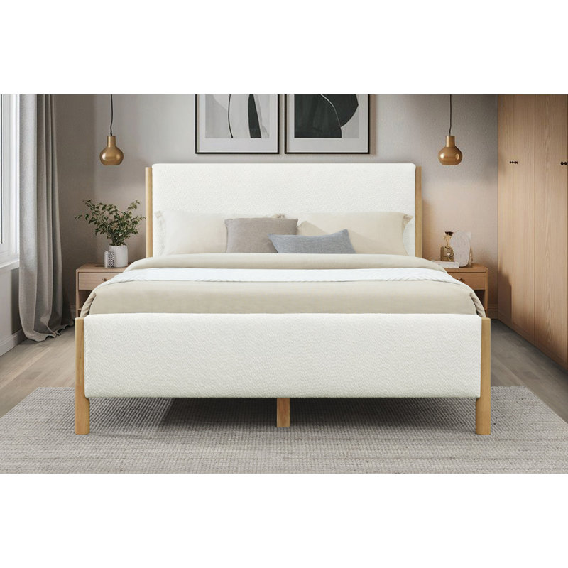 Lit rembourré Boucle avec pieds en bois d'hévéa