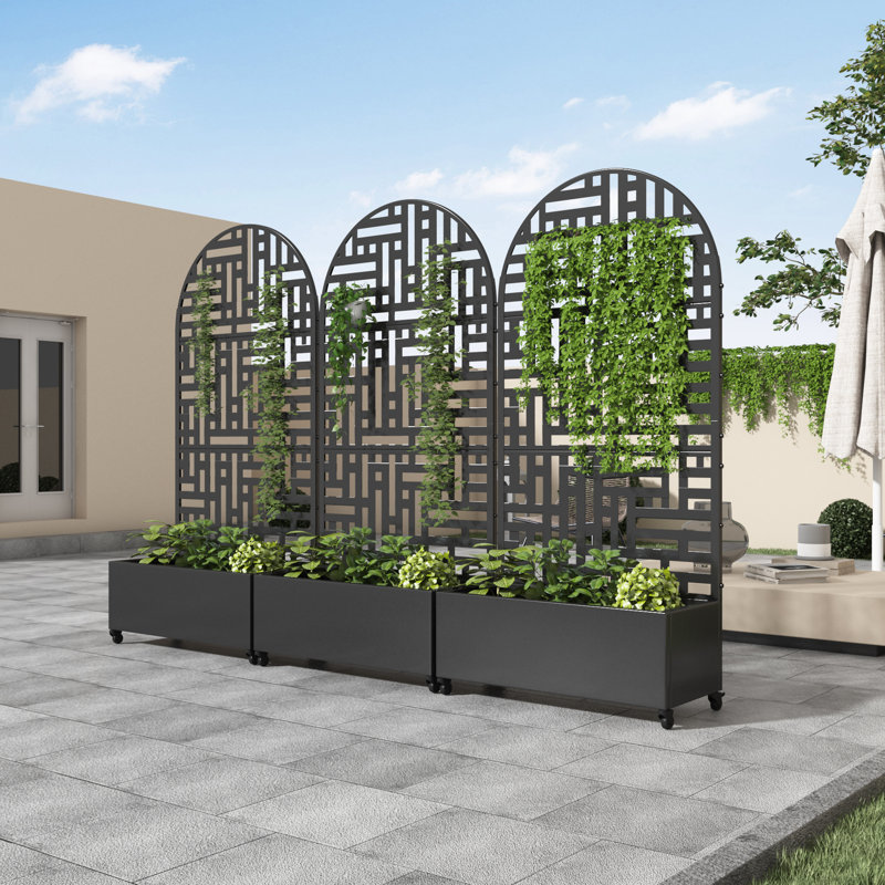 Arch Metal Planter Box with Trellis with Wheels, 72" H x 35" W x 16" D