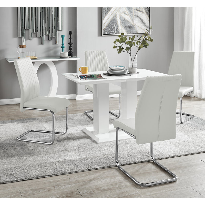 Edzard Double Pedestal High Gloss Dining Table Set with 4 Luxury Faux Leather Dining Chairs, White, White