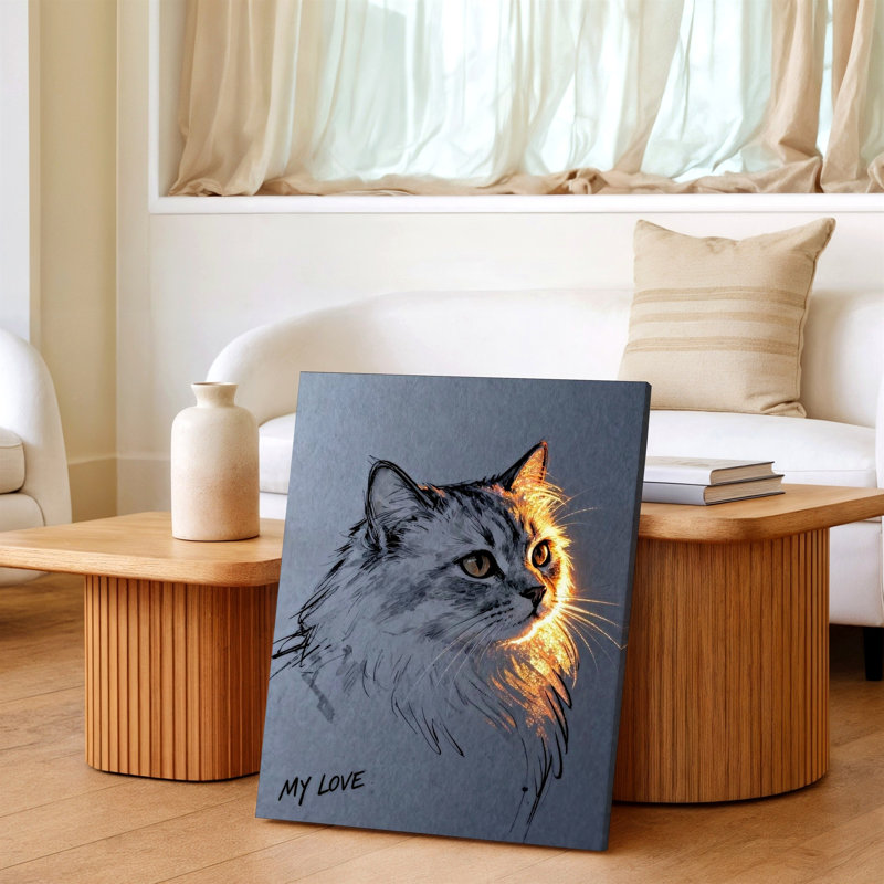 Reproduction d'art sur toile, dessin de chat blanc, lumière rougeoyante, dessin blanc, 30 x 40 in