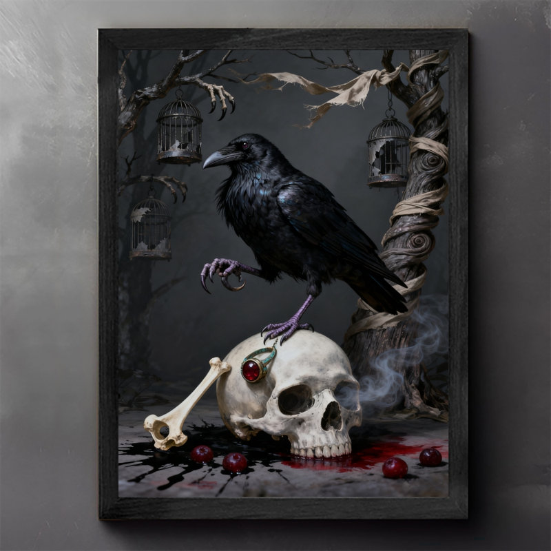 Art encadré noir, le mystérieux corbeau noir sur le crâne, impressions sur toile de style rétro, H 25 po x l 17 po