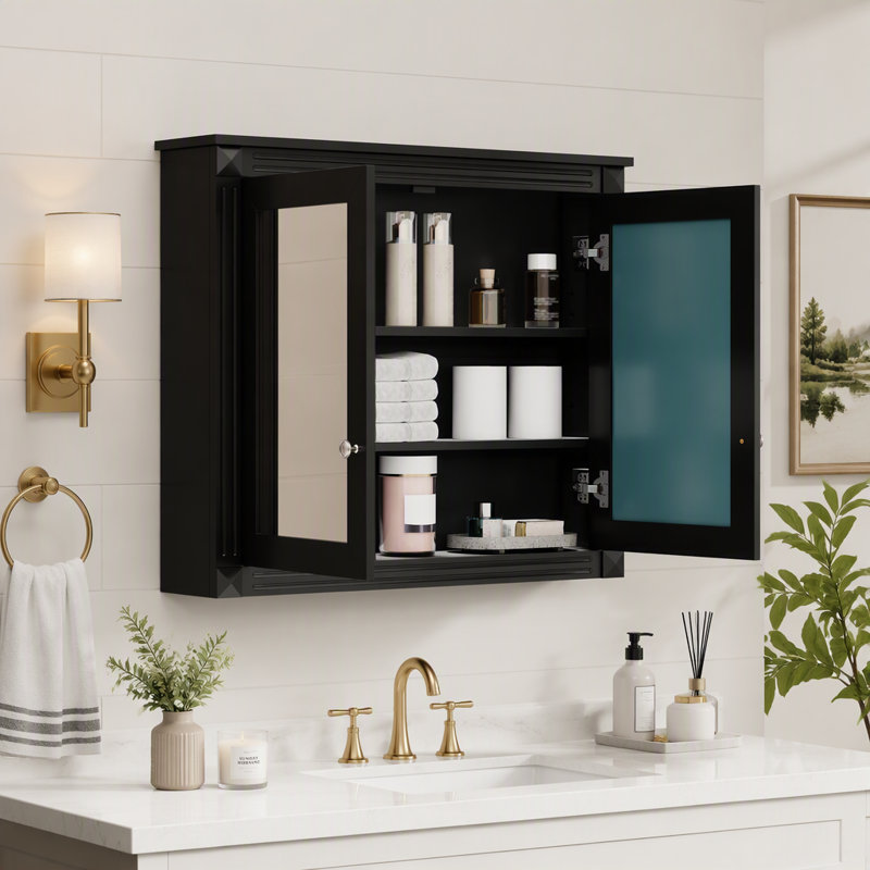 Armoire à pharmacie murale moderne pour salle de bain, avec 2 miroirs et 2 tablettes ajustables, Black